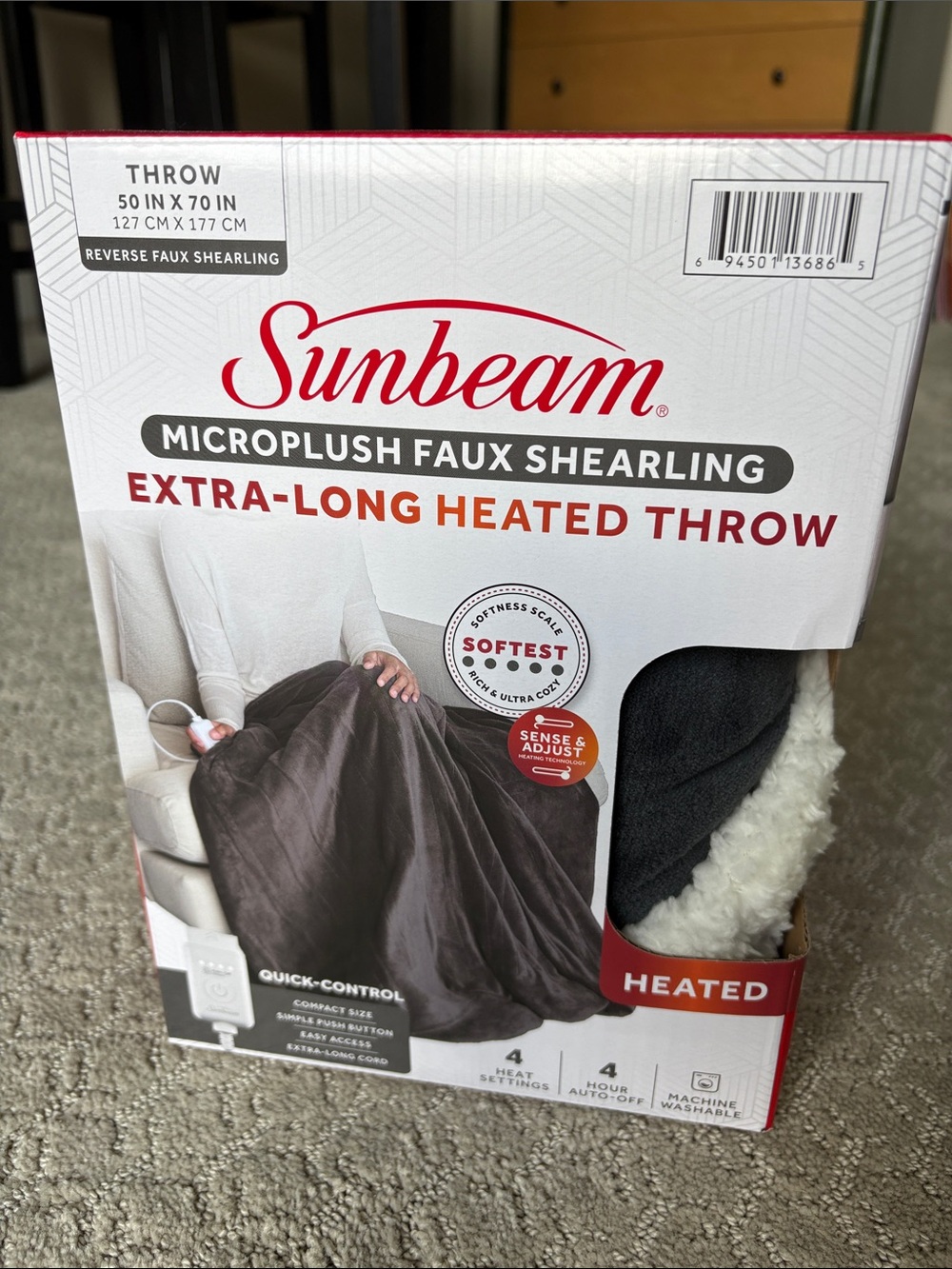 Sunbeam Heated Microplush Faux Shearling Throw - Black & Cream